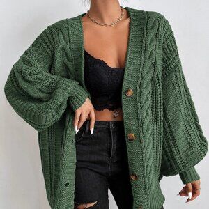 Green Casual Womens Solid Button Front Cable Knit Cardigan